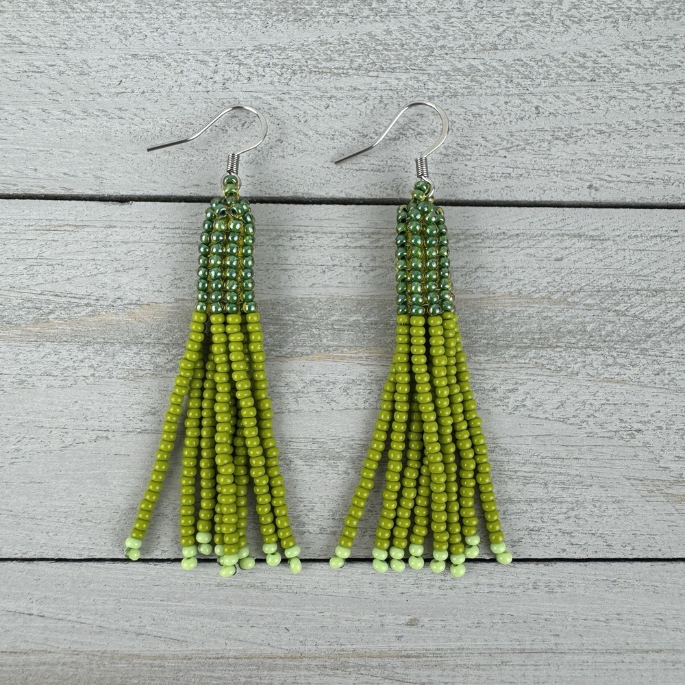 Handmade Ombre Green Glass Seed Bead Tassel Fringe Earrings Boho 11/0 Beads